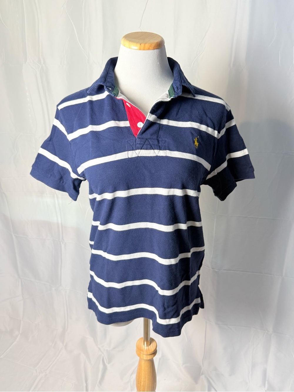 474-Ralph Lauren Navy and White Striped Polo with Red Placket
